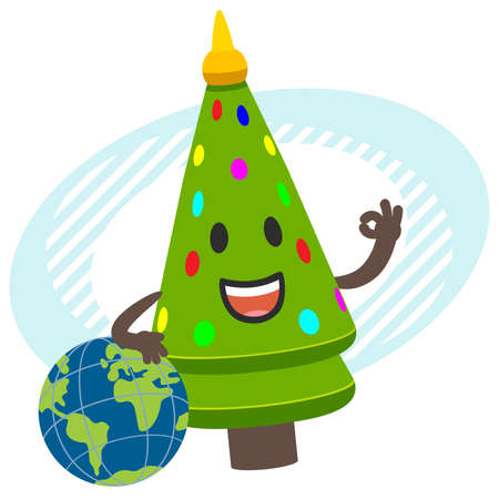 Cartoon New Year or Christmas Tree Character leaning on the planet. Vector Illustration.のイラスト素材