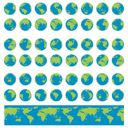 Earth Globes set. Planet Earth turnaround, rotation at different angles for animation. Flat vector Illustration.のイラスト素材