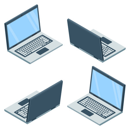 Laptop notebook turnaround, rotation at different angles. Flat vector Illustration.のイラスト素材