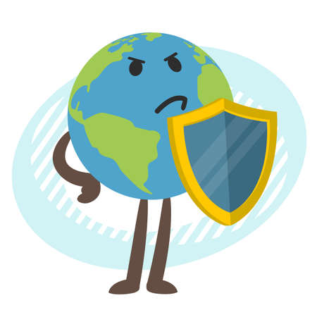 Planet Earth character with the shield. vector illustration.のイラスト素材