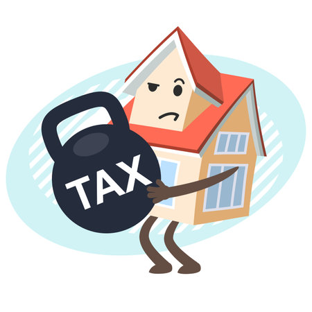 Cartoon House Character, bent from the weight, keeping a huge weight with the tax. Tax burden concept. vector illustration.のイラスト素材