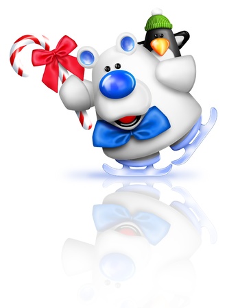 Cartoon Polar Bear Ice Skating with Penguin Holding Candy Caneの写真素材