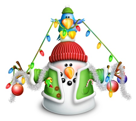 Cartoon Snowman with Christmas Lights and Garlandの写真素材