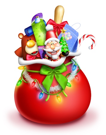 Whimsical Cartoon Santa Gift Bag with Toysの写真素材
