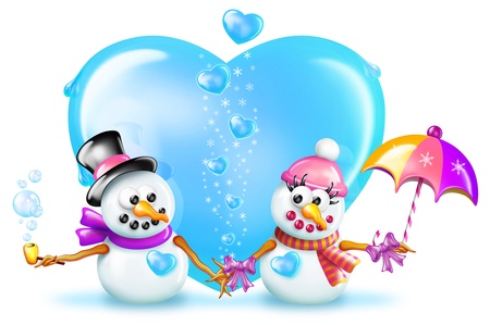 Cartoon Boy and Girl Snowman in front of Ice Heartの写真素材