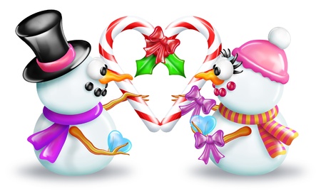 Cartoon Boy and Girl Snowman Holding Candy Cane Heartの写真素材