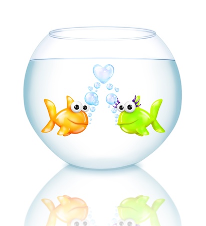 Cartoon Goldfish with Heart Bubbles in Fish Bowlの写真素材