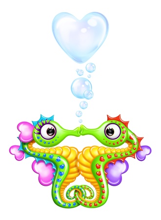 Cartoon Seahorse Girl and Boy with Heart Bubblesの写真素材