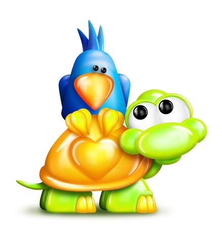 Whimsical Cartoon Turtle with Bird on Backの写真素材