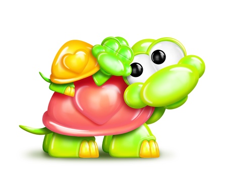 Whimsical Cartoon Turtle with Baby on Backの写真素材