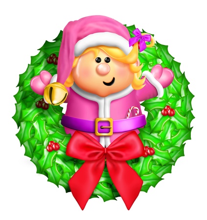 Whimsical Cartoon Christmas Wreath with Elfの写真素材