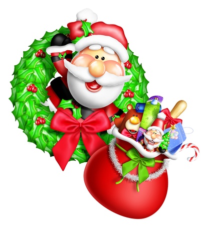 Whimsical Cartoon Christmas Wreath with Santa and Gift Bagの写真素材