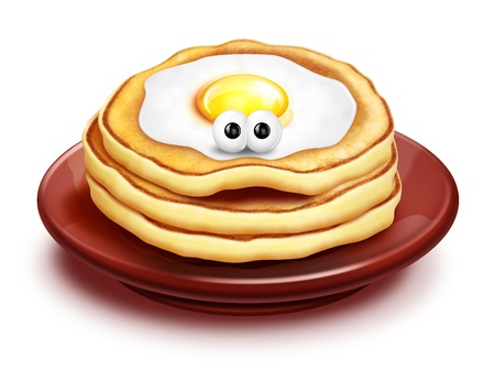 Whimsical Cartoon Pancake Stack with Fried Eggの写真素材