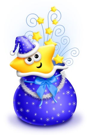 Whimsical Cartoon Cute Star in Santa Bag and Hatの写真素材
