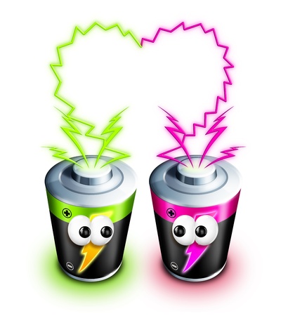 Whimsical Cartoon Batteries with Electricity Heartの写真素材