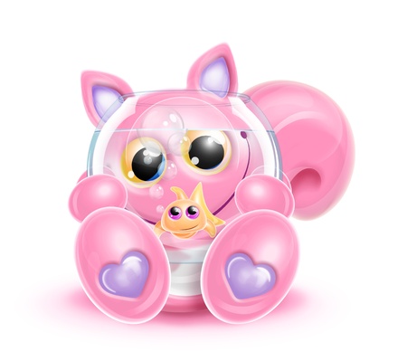 Whimsical Kawaii Cute Cartoon Cat with Goldfishの写真素材