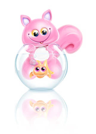 Whimsical Kawaii Cute Cartoon Cat with Goldfishの写真素材
