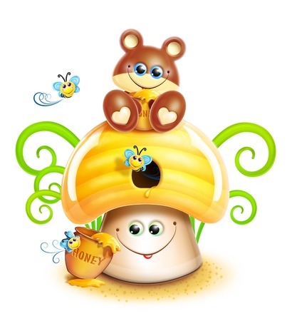 Whimsical Cute Kawaii Cartoon Bear on Mushroomの写真素材