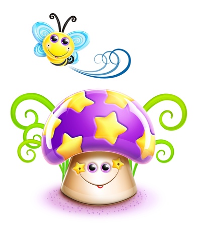 Whimsical Cute Kawaii Cartoon Bee and Mushroomの写真素材