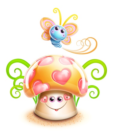 Whimsical Cute Kawaii Cartoon Butterfly and Mushroomの写真素材