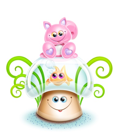 Whimsical Cute Kawaii Cartoon Cat on Mushroom with Goldfishの写真素材