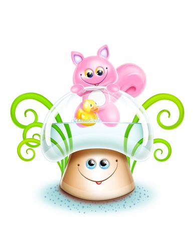 Whimsical Cute Kawaii Cartoon Cat on Mushroomの写真素材