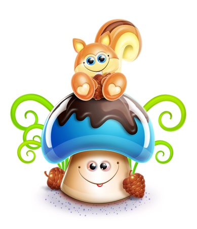 Whimsical Cute Kawaii Cartoon Chipmunk on Mushroomの写真素材