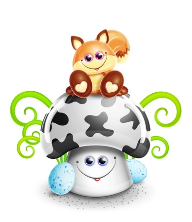 Whimsical Cute Kawaii Cartoon Fox on Mushroomの写真素材