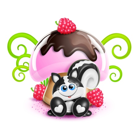 Whimsical Cute Kawaii Cartoon Skunk and Mushroomの写真素材