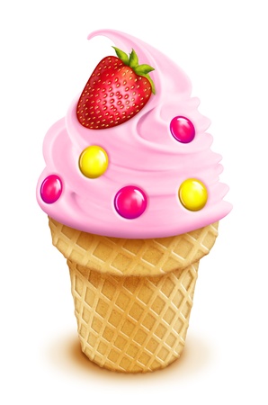 Illustrated Strawberry Ice Cream Cone with Strawberry and Candiesの写真素材