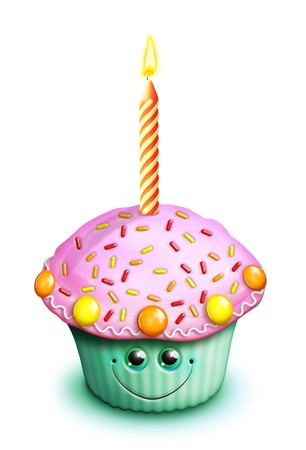 Whimsical Kawaii Cute Cartoon Birthday Cupcake with Candleの写真素材