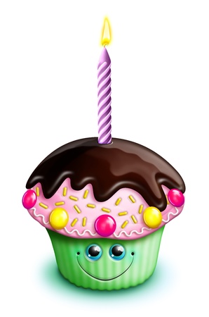 Whimsical Kawaii Cute Cartoon Birthday Cupcake with Candleの写真素材