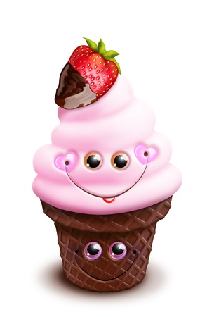 Whimsical Kawaii Cute Cartoon Ice Cream Cone with Strawberryの写真素材
