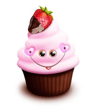 Whimsical Kawaii Cute Cartoon Cupcake with Strawberryの写真素材