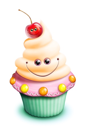 Whimsical Kawaii Cute Cartoon Cupcake with Cherryの写真素材