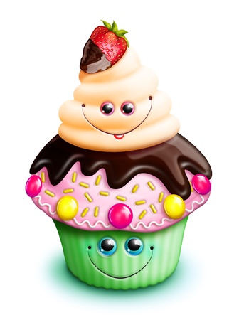Whimsical Kawaii Cute Cartoon Cupcake with Strawberryの写真素材