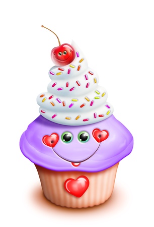 Whimsical Kawaii Cute Cartoon Cupcake with Cherryの写真素材