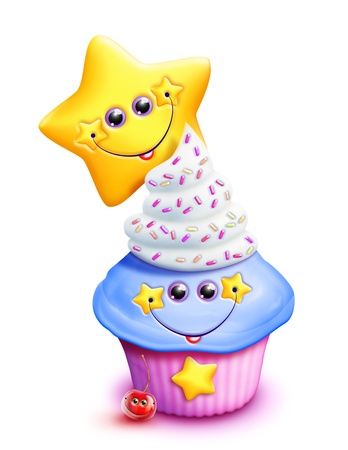 Whimsical Kawaii Cute Cartoon Cupcake with Starの写真素材