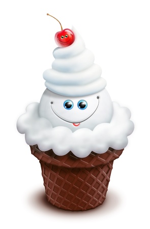 Kawaii Whimsical Cute Cartoon Ice Cream Cone with Cherryの写真素材