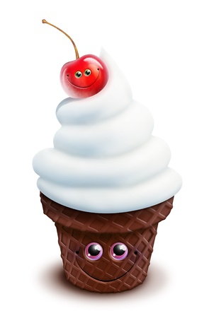 Whimsical Kawaii Cute Cartoon Ice Cream Cone with Cherryの写真素材
