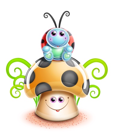 Kawaii Whimsical Cute Cartoon Ladybug on Mushroomの写真素材