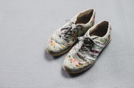 Sneakers are on grey background fitness sports classes pair easyの写真素材