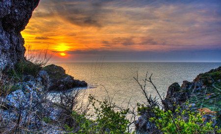 sunset, beautiful sea, Crimean summer evening,rocks coast resortの写真素材