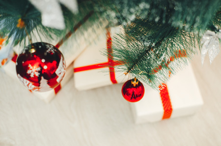 Christmas toys on the Christmas tree with a close angleの写真素材