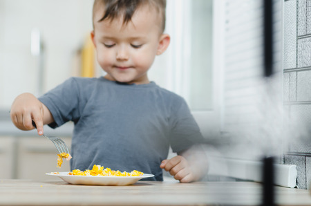 a child in a t-shirt in the kitchen eating an omelet, a forkの写真素材