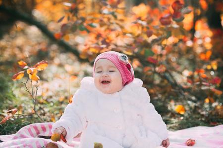 Little baby girl sitting on a blanket in the autumn forestの写真素材