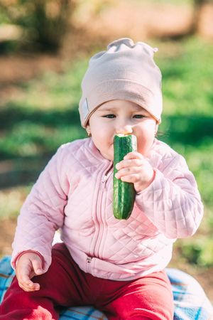 Funny little girl eating fresh cucumber in the gardenの写真素材