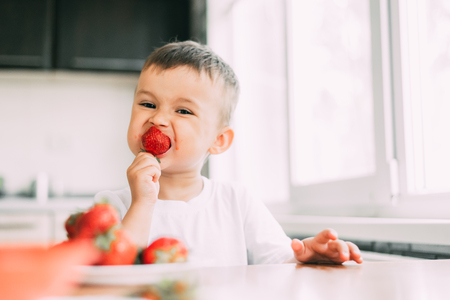 a charming child in a white t-shirt eats fresh homemade strawberries from the gardenの写真素材