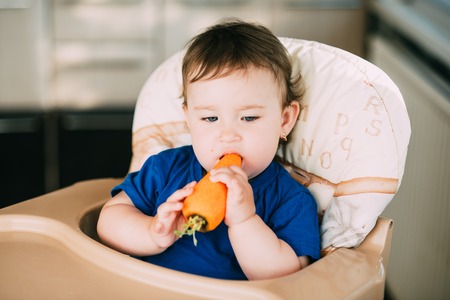 A little funny girl, a child in a high chair eating a carrot in the afternoon in the kitchenの写真素材