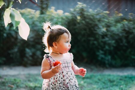 A little girl eating a tomato. Very cute backlight in the garden by yourself